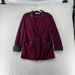 Susan Graver Blazer Jacket Faux Leather Trim Career Office Burgundy Size 8‎